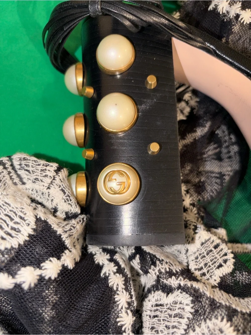 Gucci Black Leather Knotted Platform Sandals with Pearl & Gold Accent